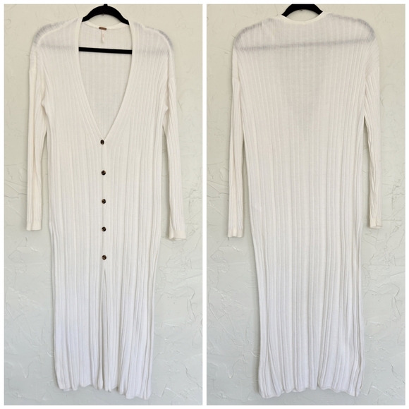 Free People Ribbed Long White Cream Cardigan - Picture 2 of 12